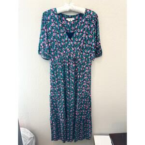 BODEN | Floral Midi Dress Puff Sleeve Knit V-Neck Cutout |  Size 8P
